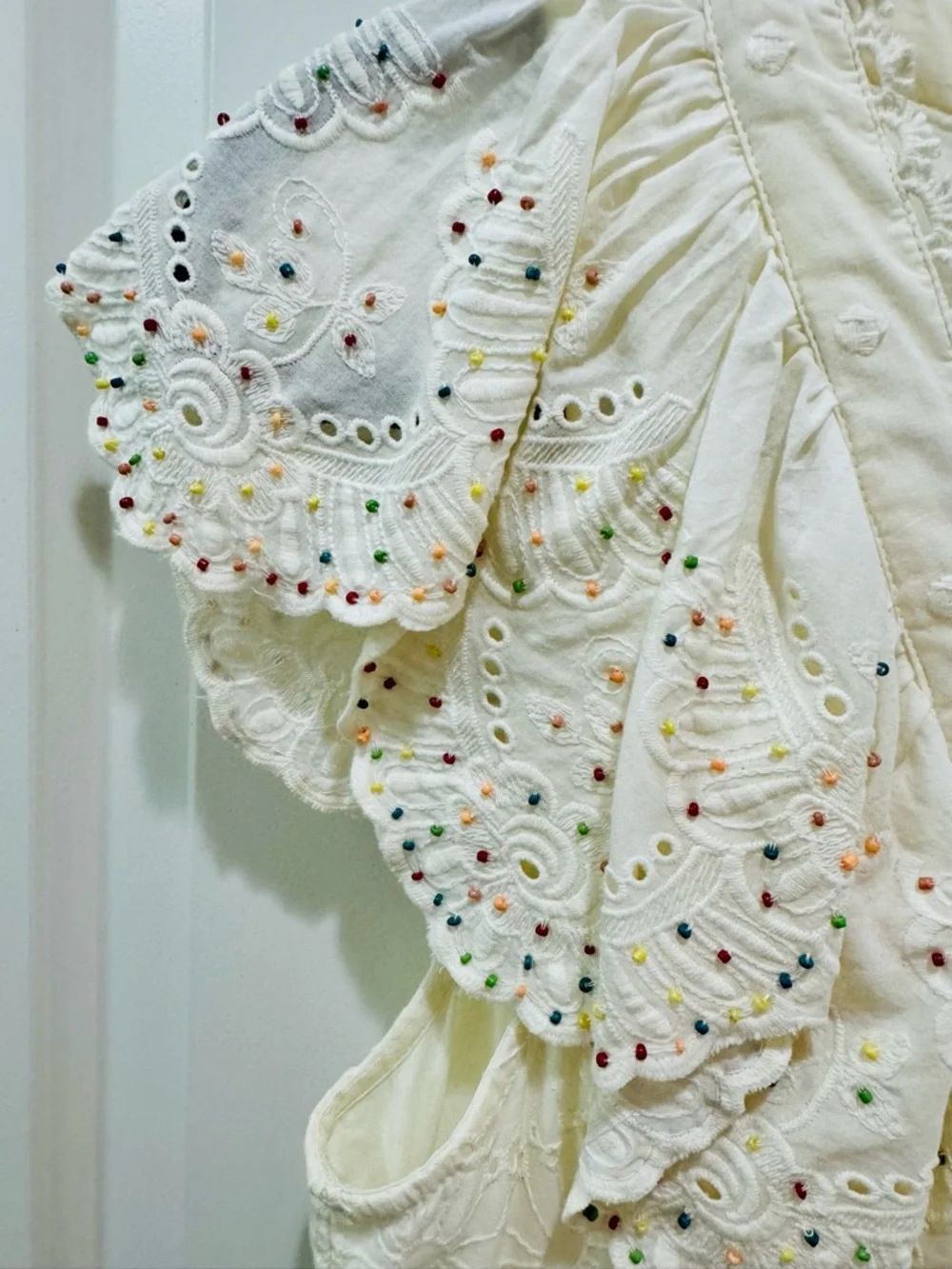 FARM Rio Ivory Eyelet Ruffle V-Neck Dress with Multicolor Beaded Dots - Picture 10 of 16